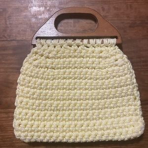 Vintage Handmade Woven Macrame with Wooden Handle Clutch Purse